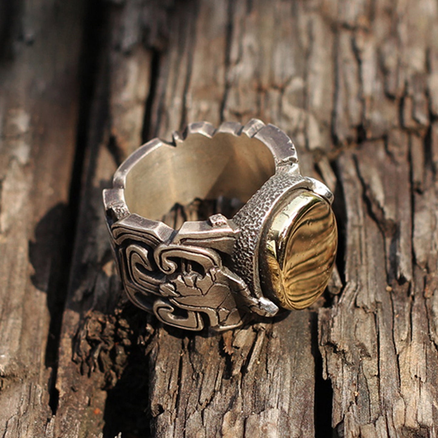 Inlaid antler 925 Silver ring, bone brass ring, gluttonous monster texture personalized ring gift-Craftsmen made