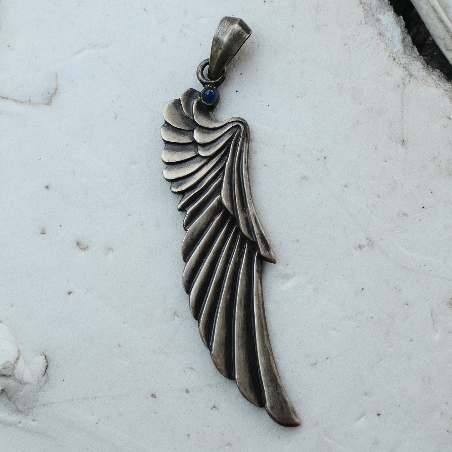 Carved Angel Wing 925 Silver Pendant Necklace,Night Angel Silver Wings Pendant,Large Wings Pendant,Inlaid blue agate Pendant-Craftsman made