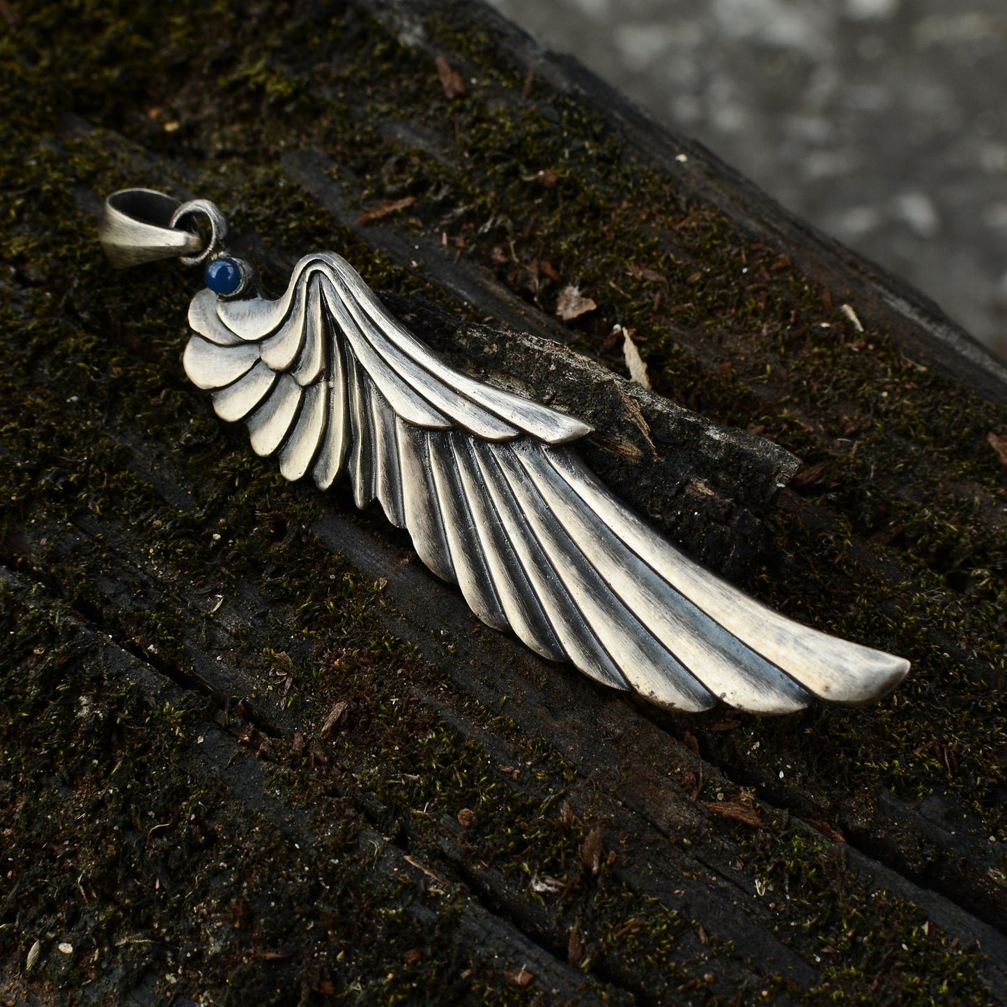 Carved Angel Wing 925 Silver Pendant Necklace,Night Angel Silver Wings Pendant,Large Wings Pendant,Inlaid blue agate Pendant-Craftsman made