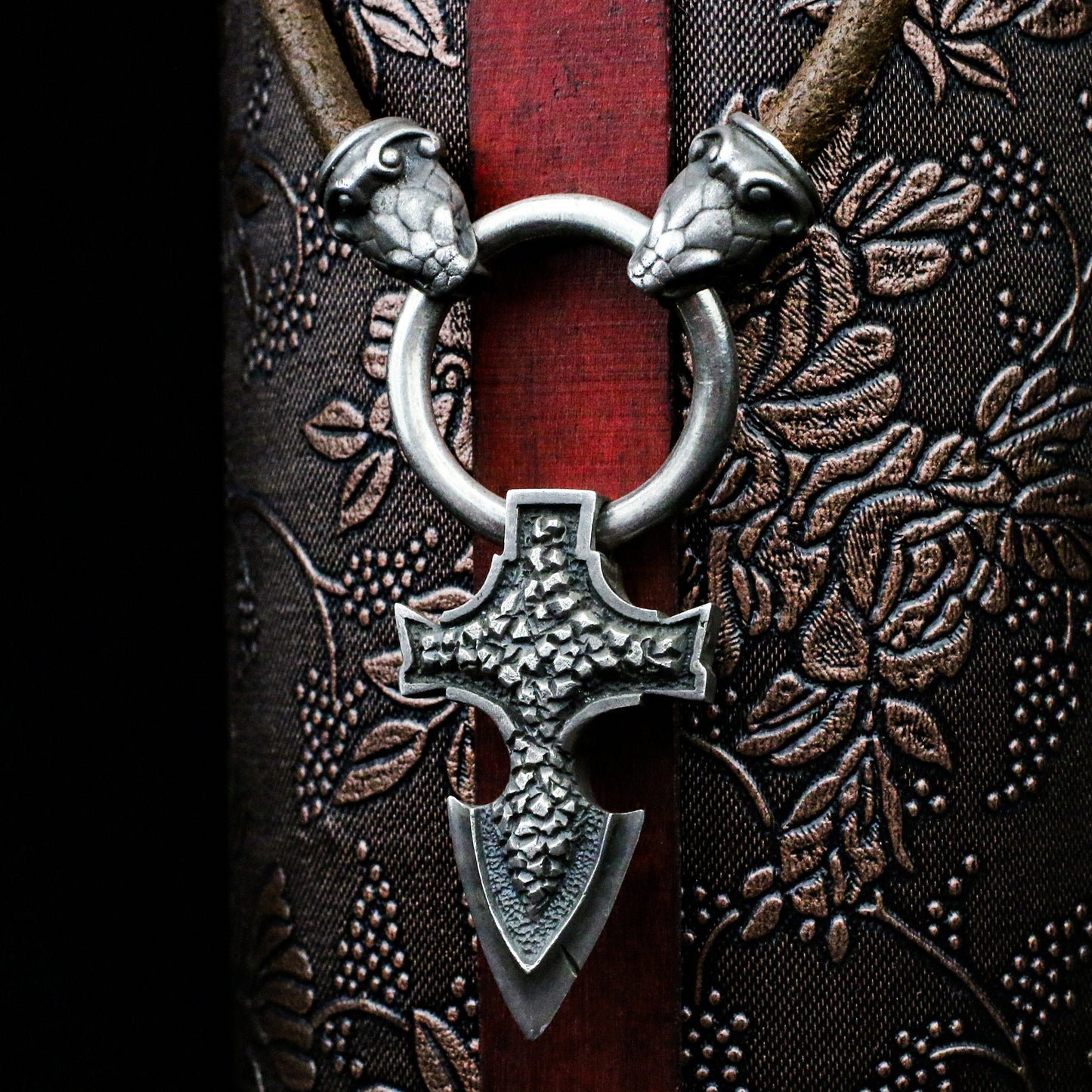 Snake and Weapon-925 Silver Pendant Necklace-Leather Cord Silver Ring Pendant Silver-Craftsman made