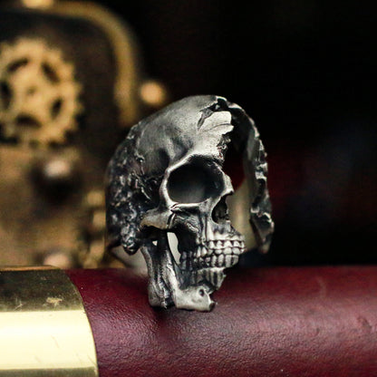 Broken skull 925 Silver Ring,Sterling Warrior Skull Jewelry,Band Ring,Battle Damaged Skeleton,elegant skull ring-Craftsman made - SATANHORN