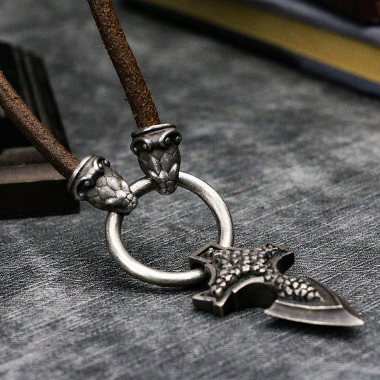 Snake and Weapon-925 Silver Pendant Necklace-Leather Cord Silver Ring Pendant Silver-Craftsman made