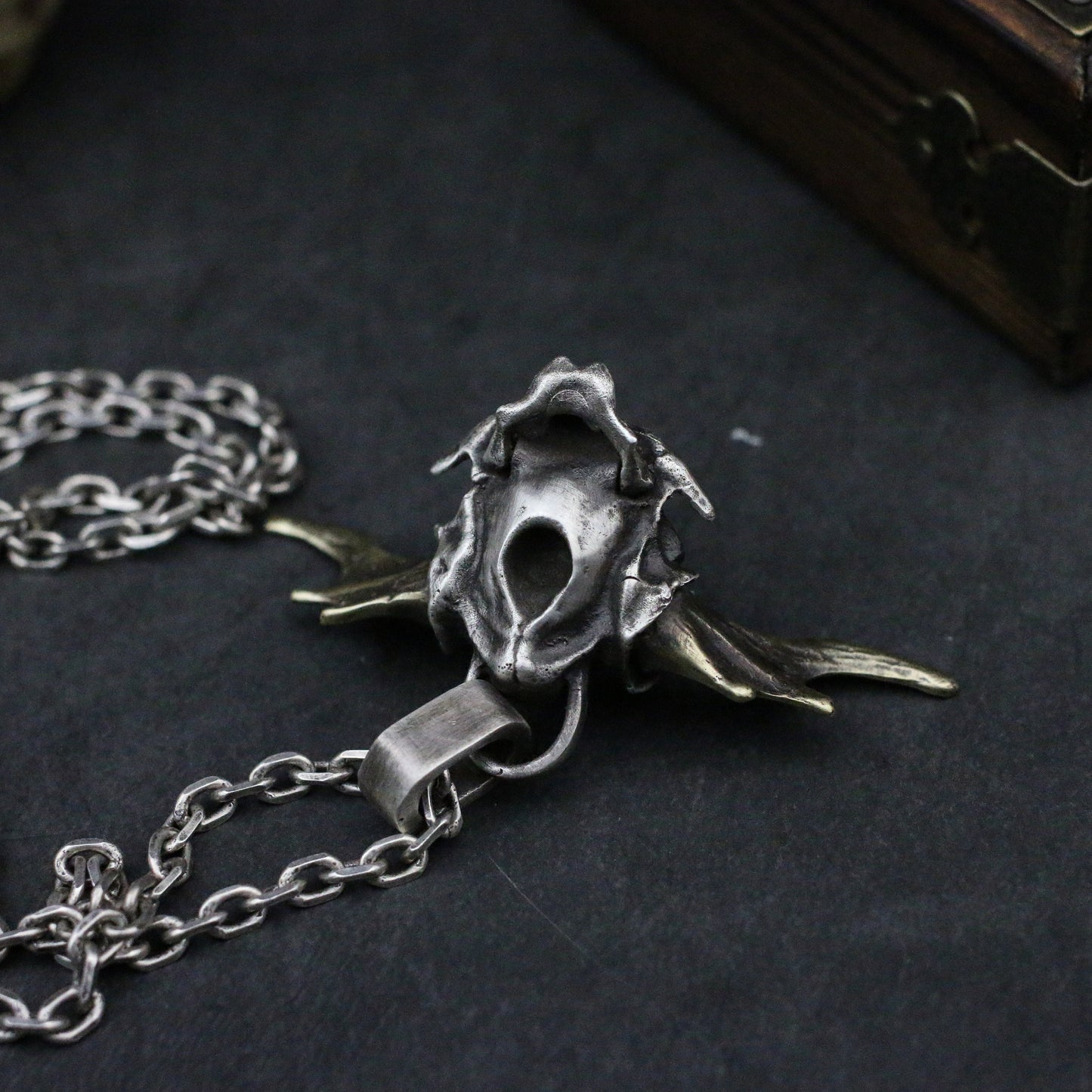 Cannibal skull 925 silver pendant necklace, bat wings monster skull pendant necklace, 925 sterling silver personalized gift-craftsman made