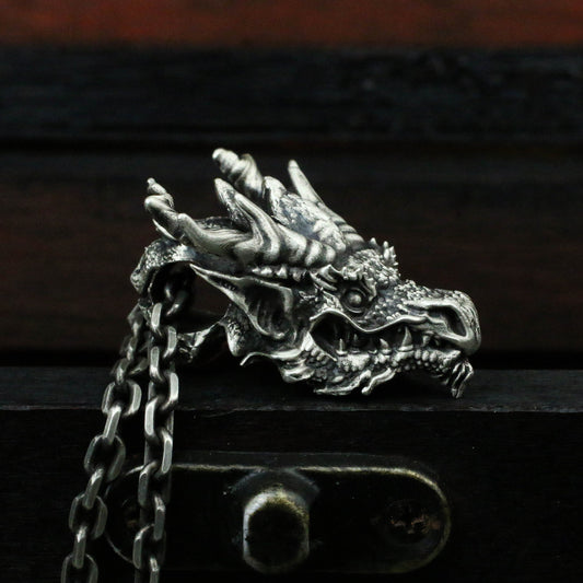 Dragon head 925 Silver pendant necklace, evil dragon 925 silver pendant, solid 925 sterling silver-Craftsmen made