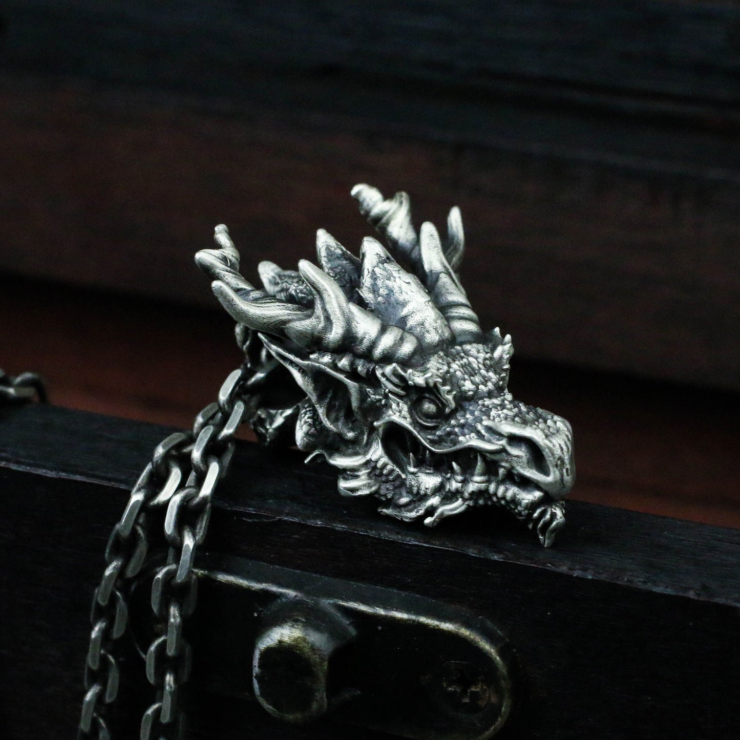 Dragon head 925 Silver pendant necklace, evil dragon 925 silver pendant, solid 925 sterling silver-Craftsmen made