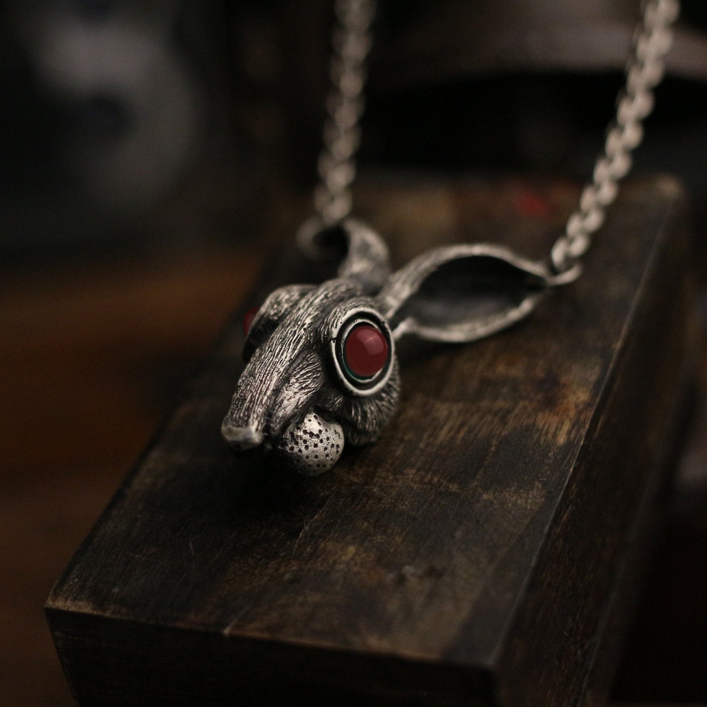 Long-eared rabbit 925 silver pendant necklace, ruby eyes inlaid, hooligan rabbit sterling silver gothic vintage gift - Craftsman made