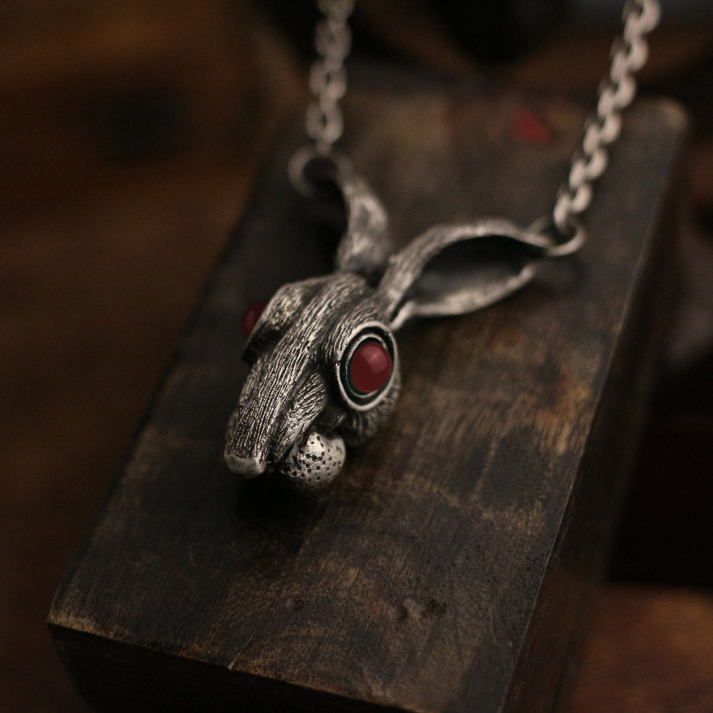 Long-eared rabbit 925 silver pendant necklace, ruby eyes inlaid, hooligan rabbit sterling silver gothic vintage gift - Craftsman made