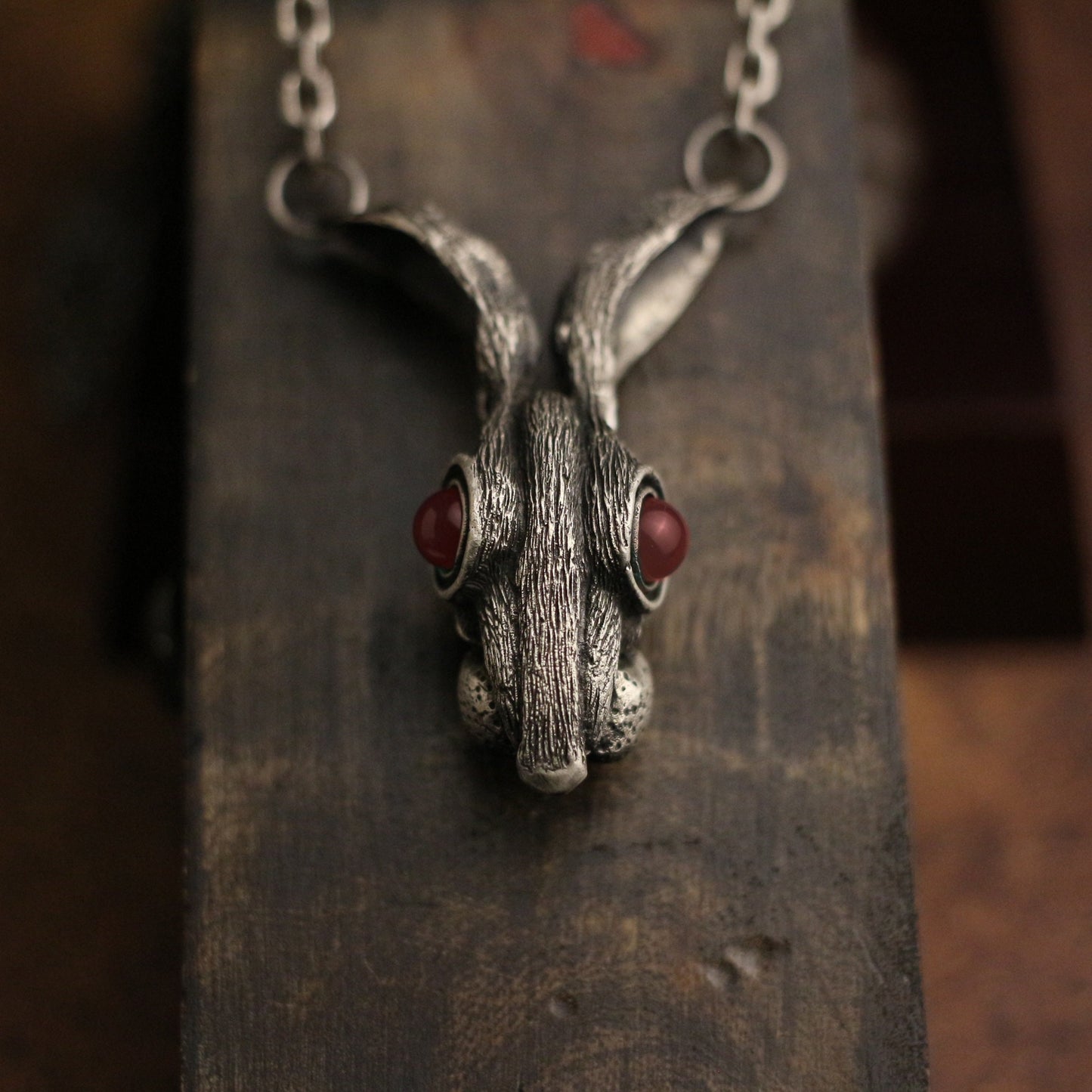 Long-eared rabbit 925 silver pendant necklace, ruby eyes inlaid, hooligan rabbit sterling silver gothic vintage gift - Craftsman made