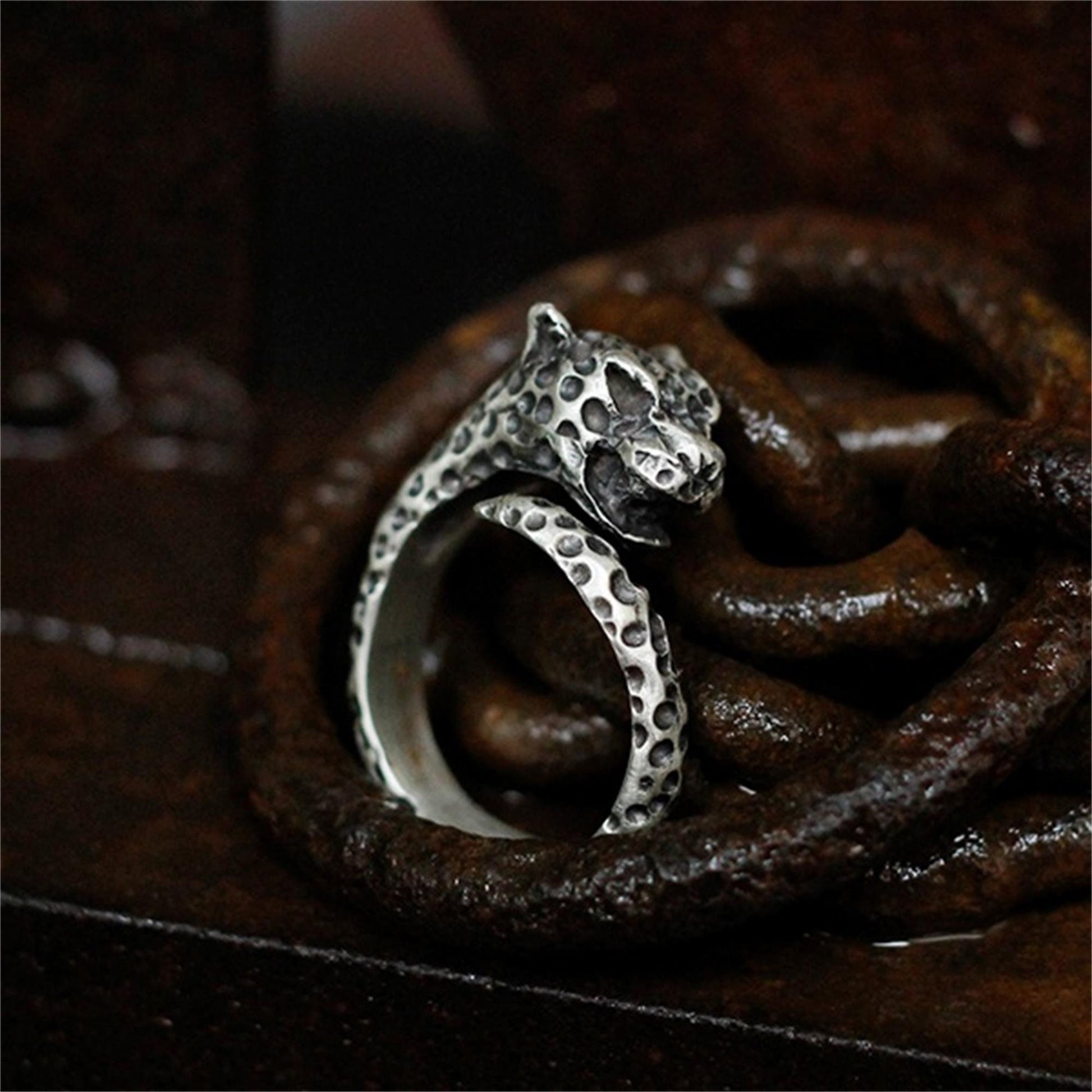 Leopard 925 silver ring, cheetah opening adjustable ring, unique sterling silver Gothic vintage handmade gift-craftsman made - SATANHORN