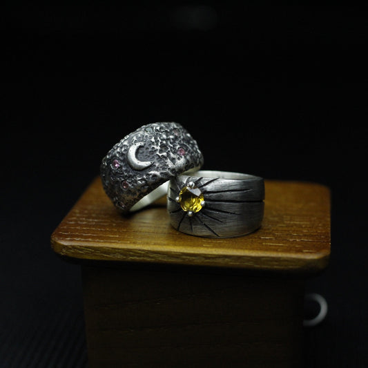 Sun and Moon Stars 925 Silver Rings,Gift for mother,Couple Rings, Inlaid Rings,Personality Gifts for Men and Women - Craftsmen made - SATANHORN