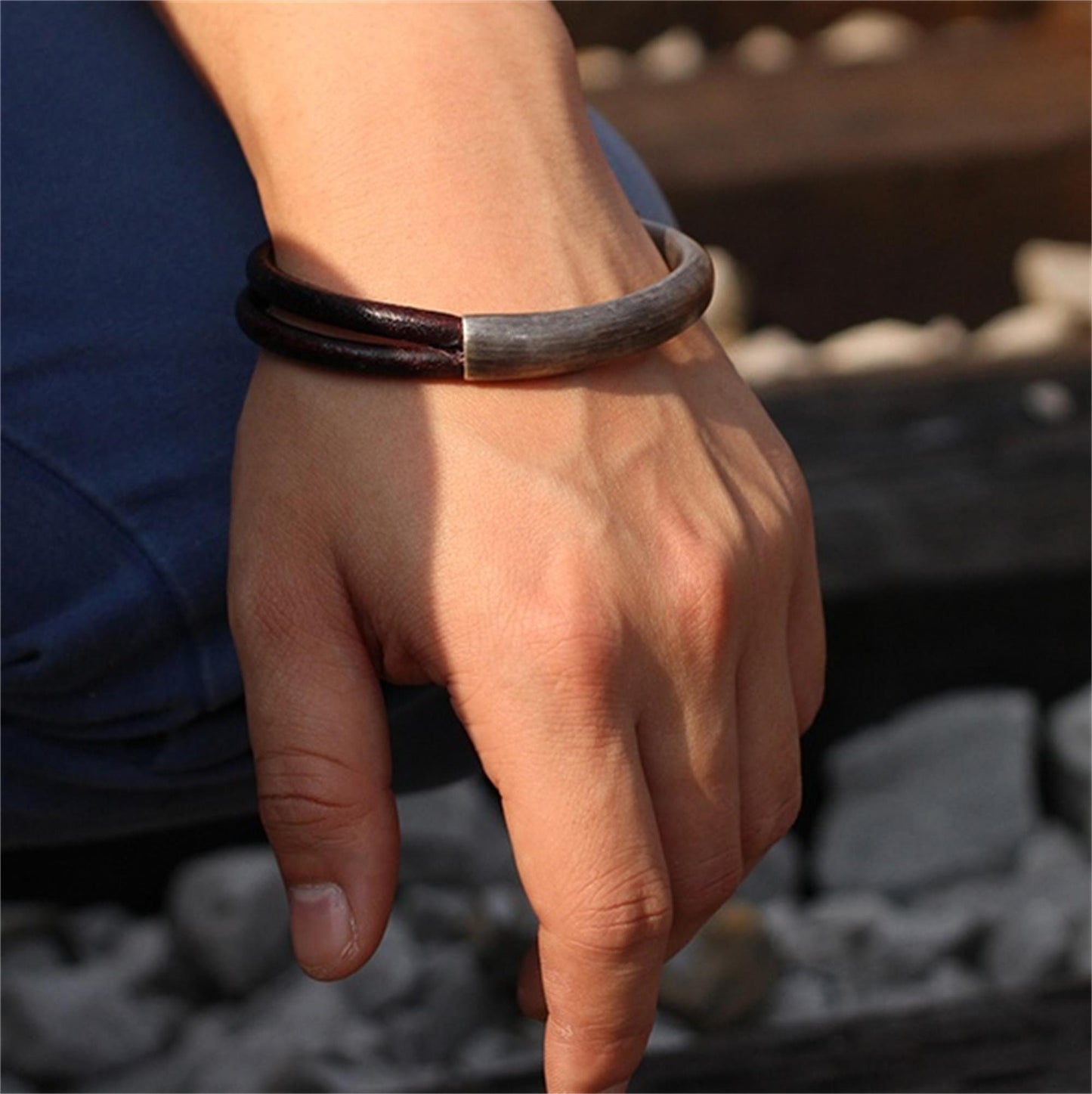 Original design handmade 925 silver plain surface simple personality black leather rope men and women bracelet -craftsman made