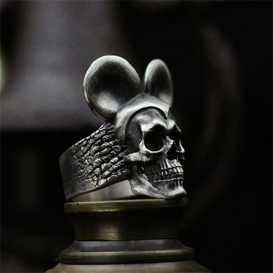 Handmade 925 Silver Oxidized Imitation Natural Texture Skull Wide Ring Fantasy Jewelry - SATANHORN