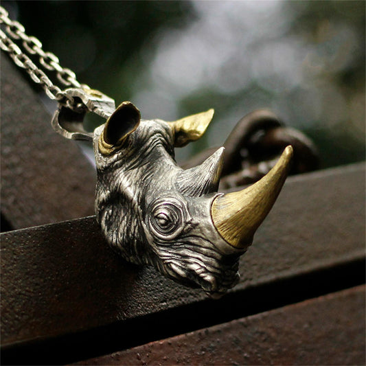 Rhino head 925 silver pendant necklace, huge pendant silver jewelry, personalized creative handmade gifts-craftsmen made