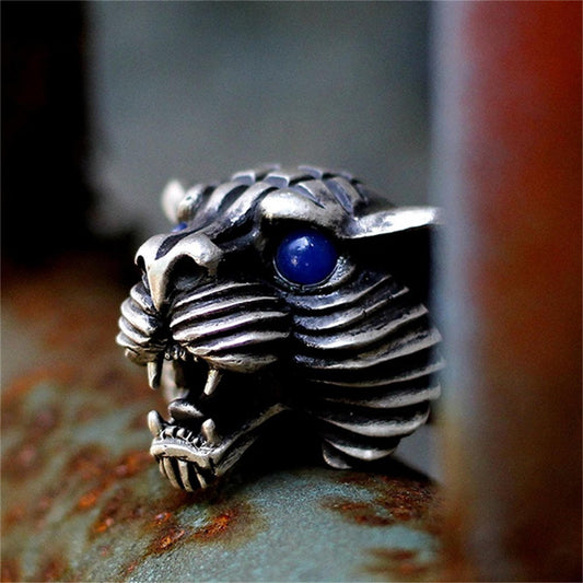 Original Open Mouth Roaring Tiger 925 Silver Ring,Harley Realistic Locomotive Men and Women Ring - Craftsman made