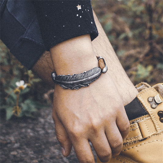 Feather Takahashi style 925 silver bracelet bangle, fate's feather leather rope thin-Craftsman made