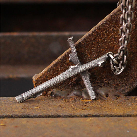 Cross branch 925 silver pendant necklace, natural design cross jewelry, personalized creative handmade gift-craftsman made