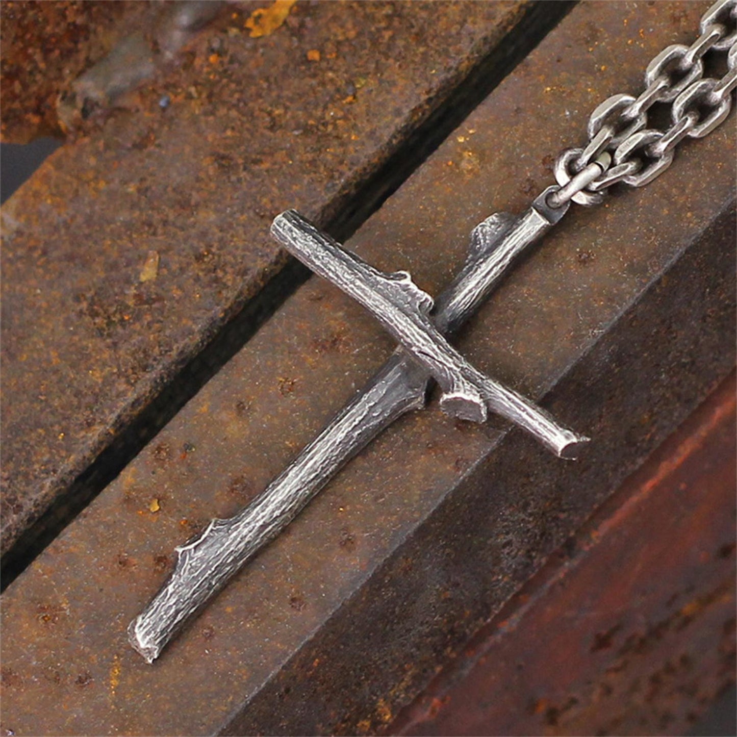 Cross branch 925 silver pendant necklace, natural design cross jewelry, personalized creative handmade gift-craftsman made