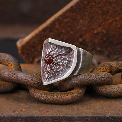 Shield Ring exquisite 925 silver ring,925 silver ring,Inlaid red agate ring,Hammered Ring,Textured Ring,Unique Gift-Craftsman made - SATANHORN