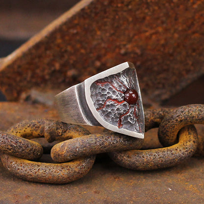 Shield Ring exquisite 925 silver ring,925 silver ring,Inlaid red agate ring,Hammered Ring,Textured Ring,Unique Gift-Craftsman made - SATANHORN