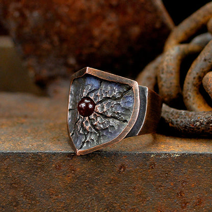 Shield Ring exquisite 925 silver ring,925 silver ring,Inlaid red agate ring,Hammered Ring,Textured Ring,Unique Gift-Craftsman made - SATANHORN