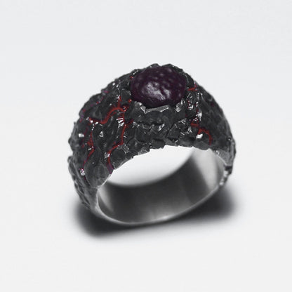 Textured 925 Silver Ring,Crackle Ring,Lava texture ring,Inlaid red agate ring,Unique Gift-Craftsman made - SATANHORN
