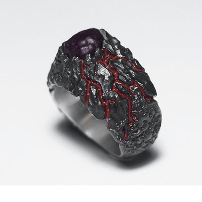 Textured 925 Silver Ring,Crackle Ring,Lava texture ring,Inlaid red agate ring,Unique Gift-Craftsman made - SATANHORN