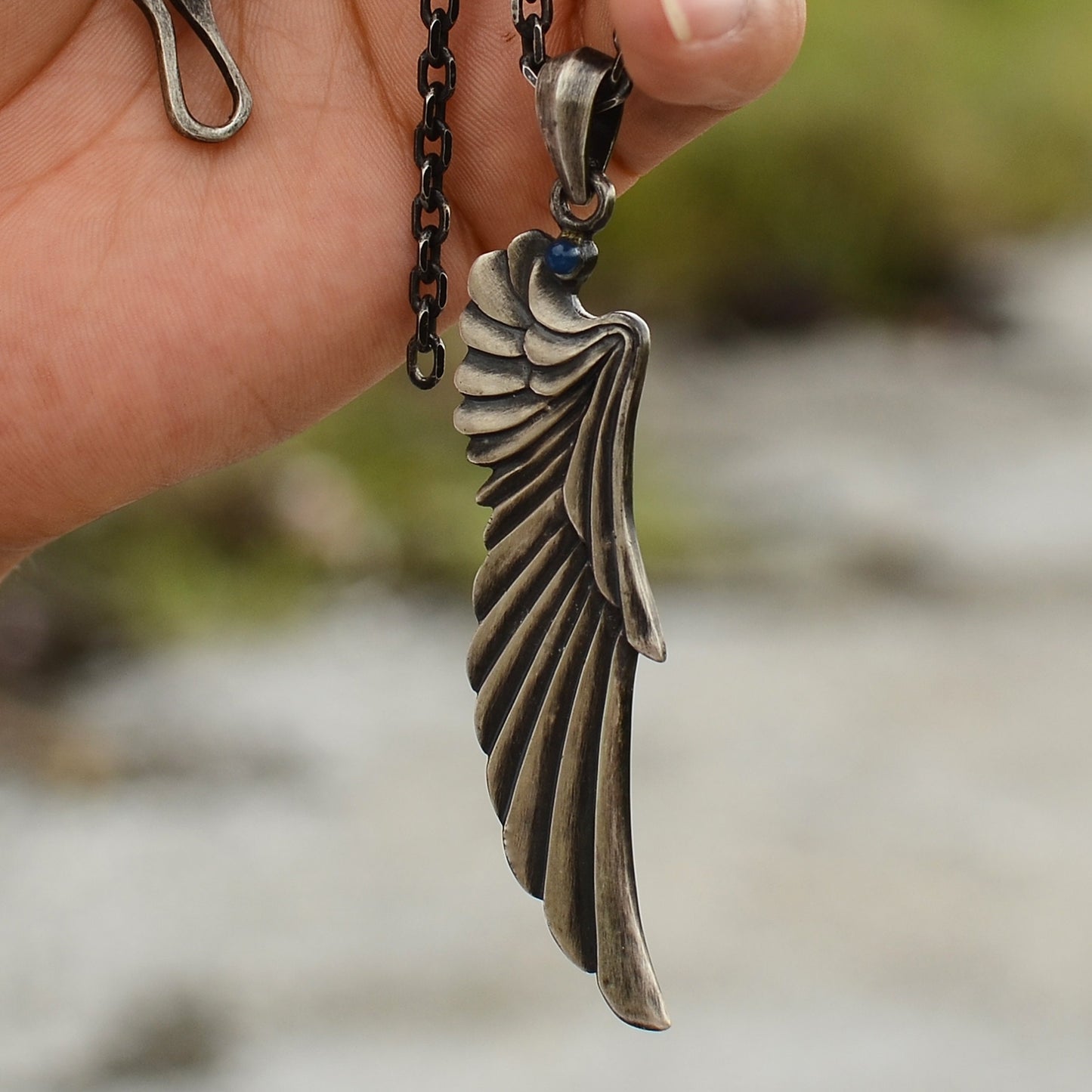 Carved Angel Wing 925 Silver Pendant Necklace,Night Angel Silver Wings Pendant,Large Wings Pendant,Inlaid blue agate Pendant-Craftsman made