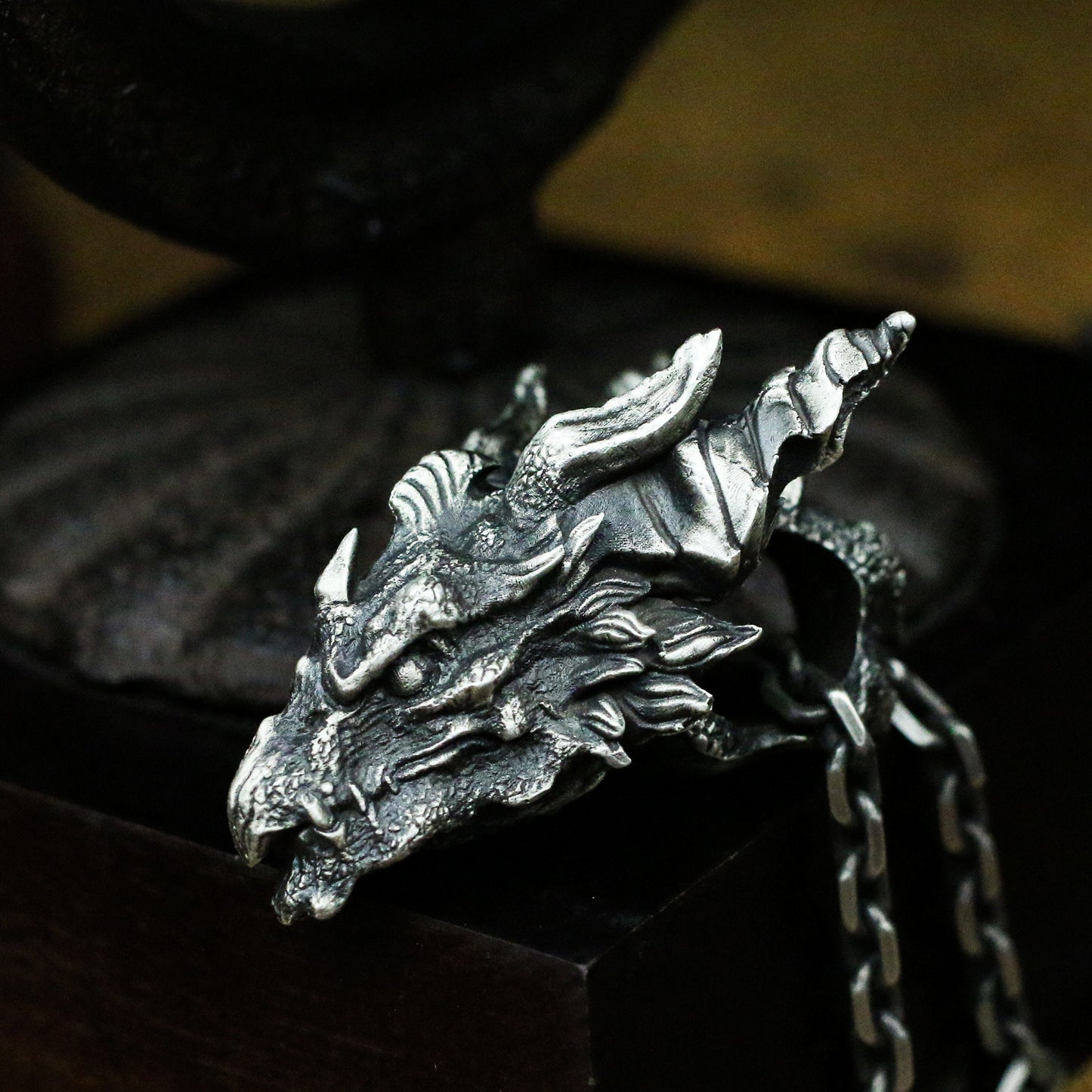 Evil dragon 925 Silver pendant necklace, domineering silver dragon head pendant necklace, handmade 925 silver pendant-Craftsman made