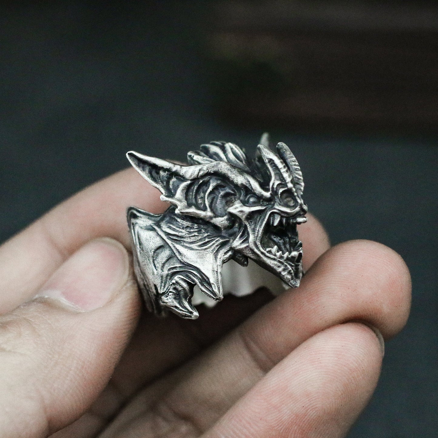 Screaming gargoyle 925 Silver Ring, Gothic Bat Ring, Halloween silver Jewelry-Craftsman made