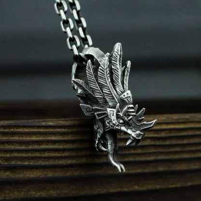 Quetzalcoatl 925 silver pendant necklace, Mayan mythological snake god pendant necklace, feathered snake-Craftsmen made - SATANHORN