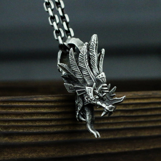 Quetzalcoatl 925 silver pendant necklace, Mayan mythological snake god pendant necklace, feathered snake-Craftsmen made - SATANHORN