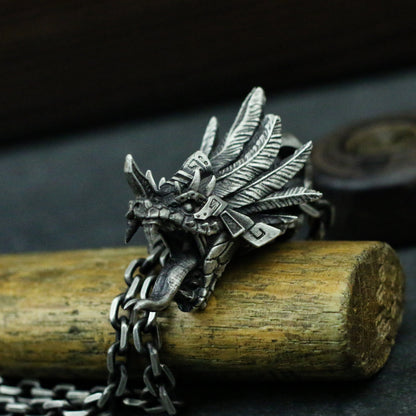 Quetzalcoatl 925 silver pendant necklace, Mayan mythological snake god pendant necklace, feathered snake-Craftsmen made - SATANHORN