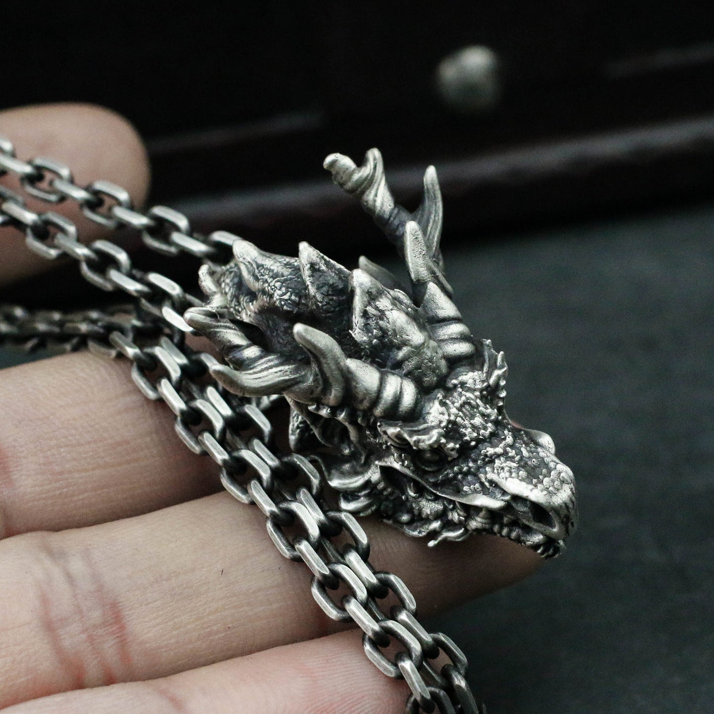 Dragon head 925 Silver pendant necklace, evil dragon 925 silver pendant, solid 925 sterling silver-Craftsmen made