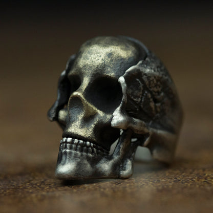 Skull ring brass inlaid 925 Silver Ring, worn skull warrior mask ring - Craftsman made - SATANHORN