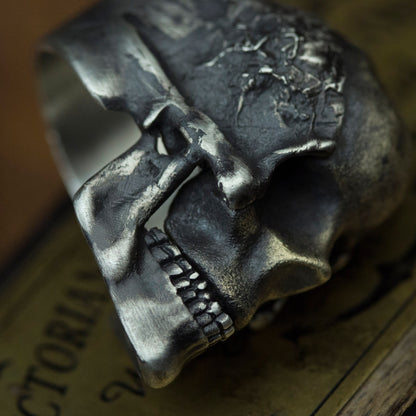 Skull ring brass inlaid 925 Silver Ring, worn skull warrior mask ring - Craftsman made - SATANHORN
