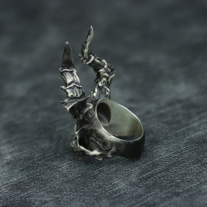 Devil skull 925 Silver Ring, long horned skull solid sterling silver brass ring-Craftsmen made - SATANHORN