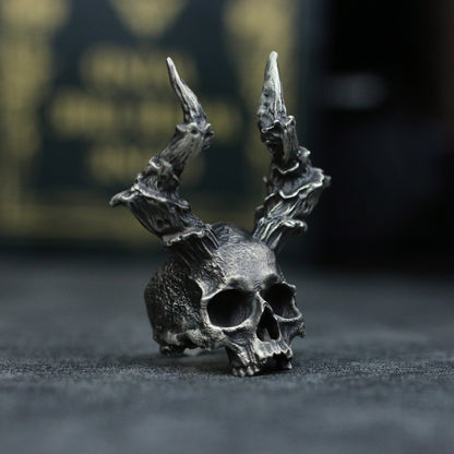 Devil skull 925 Silver Ring, long horned skull solid sterling silver brass ring-Craftsmen made - SATANHORN