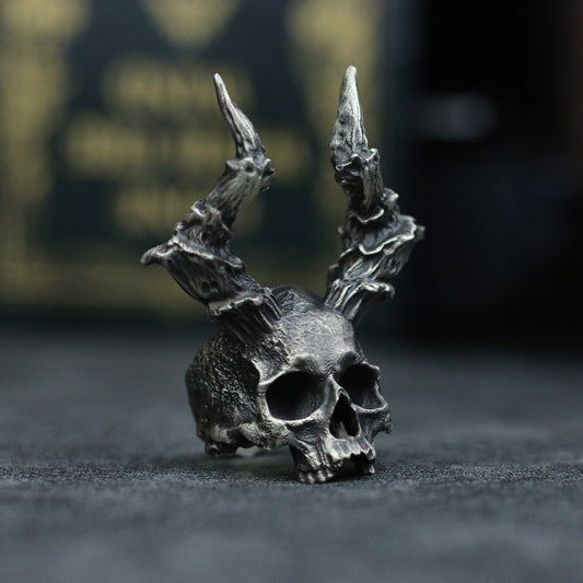 Devil skull 925 Silver Ring, long horned skull solid sterling silver brass ring-Craftsmen made