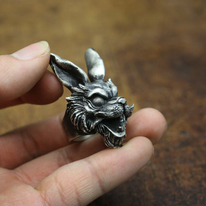 Long-eared rabbit 925 silver ring, dark gothic rabbit, grimace animal sterling silver ring-craftsman made - SATANHORN