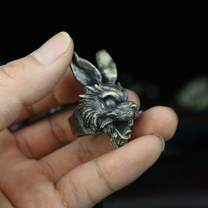 Long-eared rabbit 925 silver ring, dark gothic rabbit, grimace animal sterling silver ring-craftsman made - SATANHORN