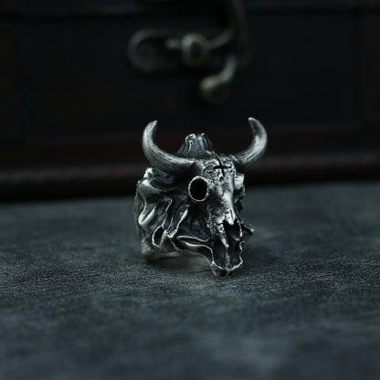 Bull skull 925 silver ring, bison horn skull sterling silver ring, animal skull skeleton ring-craftsman made - SATANHORN