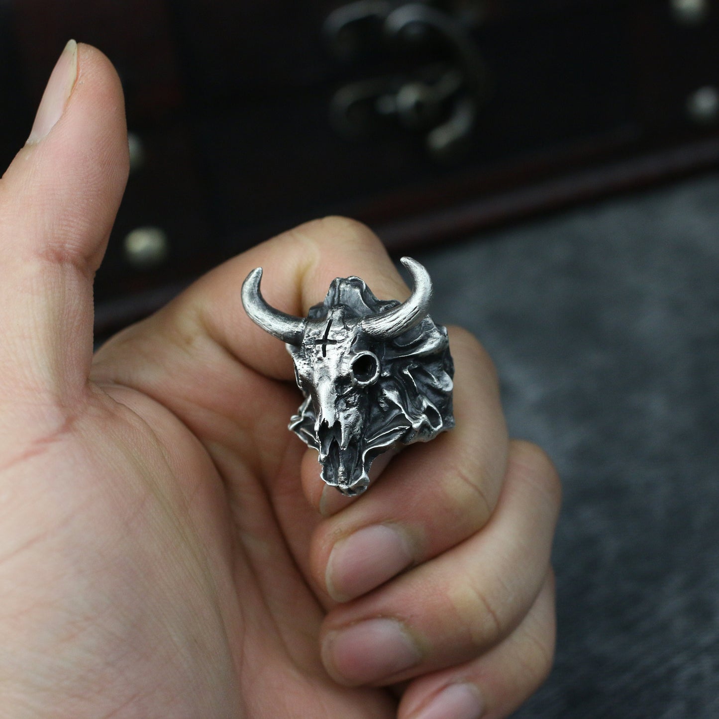 Bull skull 925 silver ring, bison horn skull sterling silver ring, animal skull skeleton ring-craftsman made