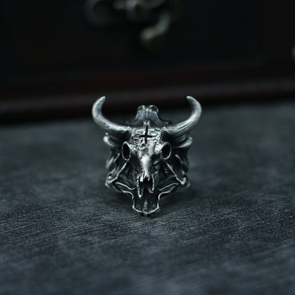 Bull skull 925 silver ring, bison horn skull sterling silver ring, animal skull skeleton ring-craftsman made - SATANHORN