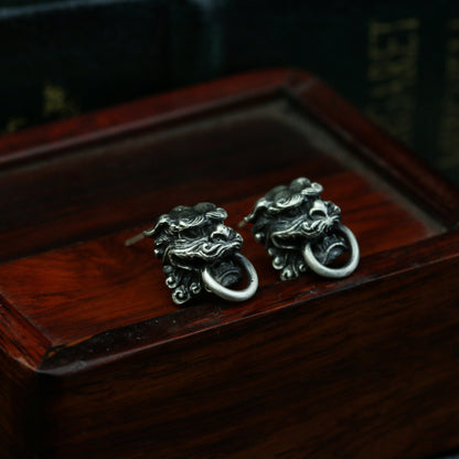 925 silver Lion Ear studs, oriental style lion earrings, solid sterling silver handmade ear decoration gift-Craftsmen made