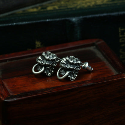 925 silver Lion Ear studs, oriental style lion earrings, solid sterling silver handmade ear decoration gift-Craftsmen made