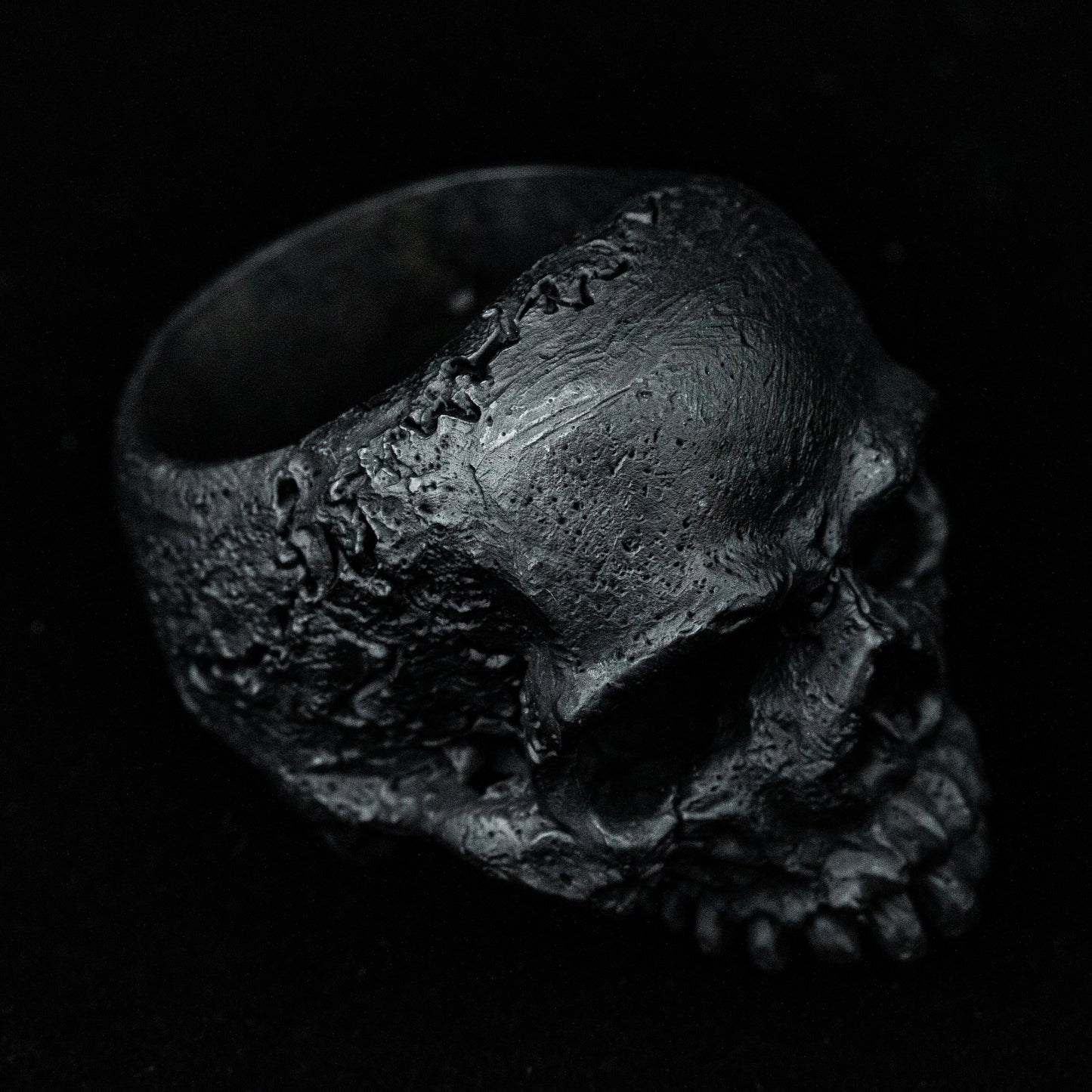 silver skull ring, vintage ring, skull jewelry, Black Gems Skull ring Large half jaw silver men skull biker masonic handmade jewelry