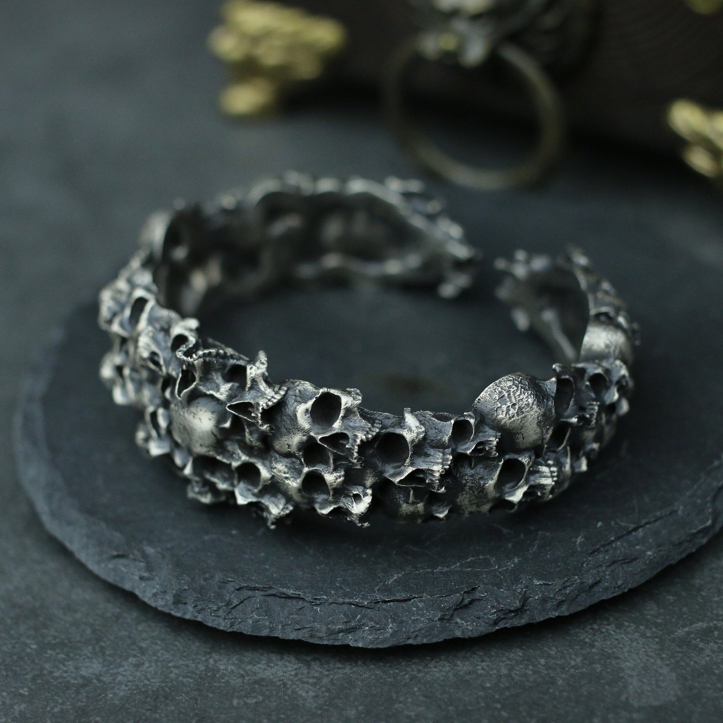 Thousand Faces Skull 925 Silver bangle bracelet, death ghost bracelet , Hell bangle, dark grave jewelry - Craftsman made