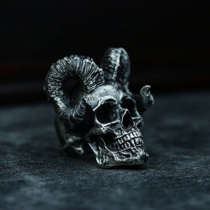 Horned skull 925 silver ring, devil horns skull sterling silver ring, personalized creative handmade gifts-craftsman made - SATANHORN