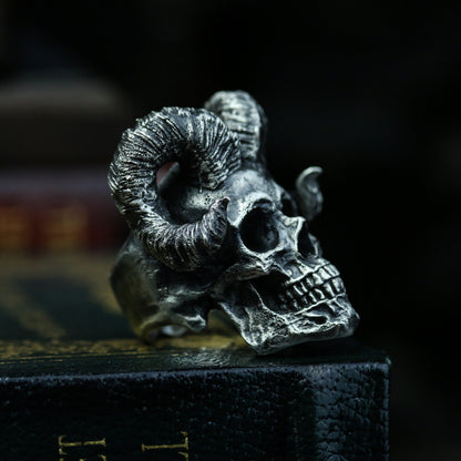 Horned skull 925 silver ring, devil horns skull sterling silver ring, personalized creative handmade gifts-craftsman made - SATANHORN
