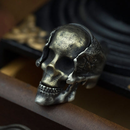 Skull ring brass inlaid 925 Silver Ring, worn skull warrior mask ring - Craftsman made - SATANHORN